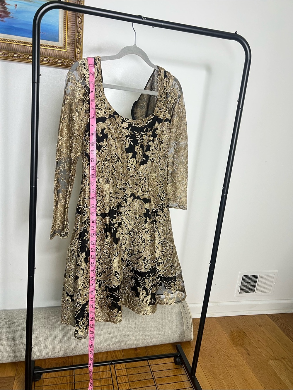 Marchesa Black and Gold Lace Long-Sleeve Fit-and-Flare Dress - Picture 6 of 7